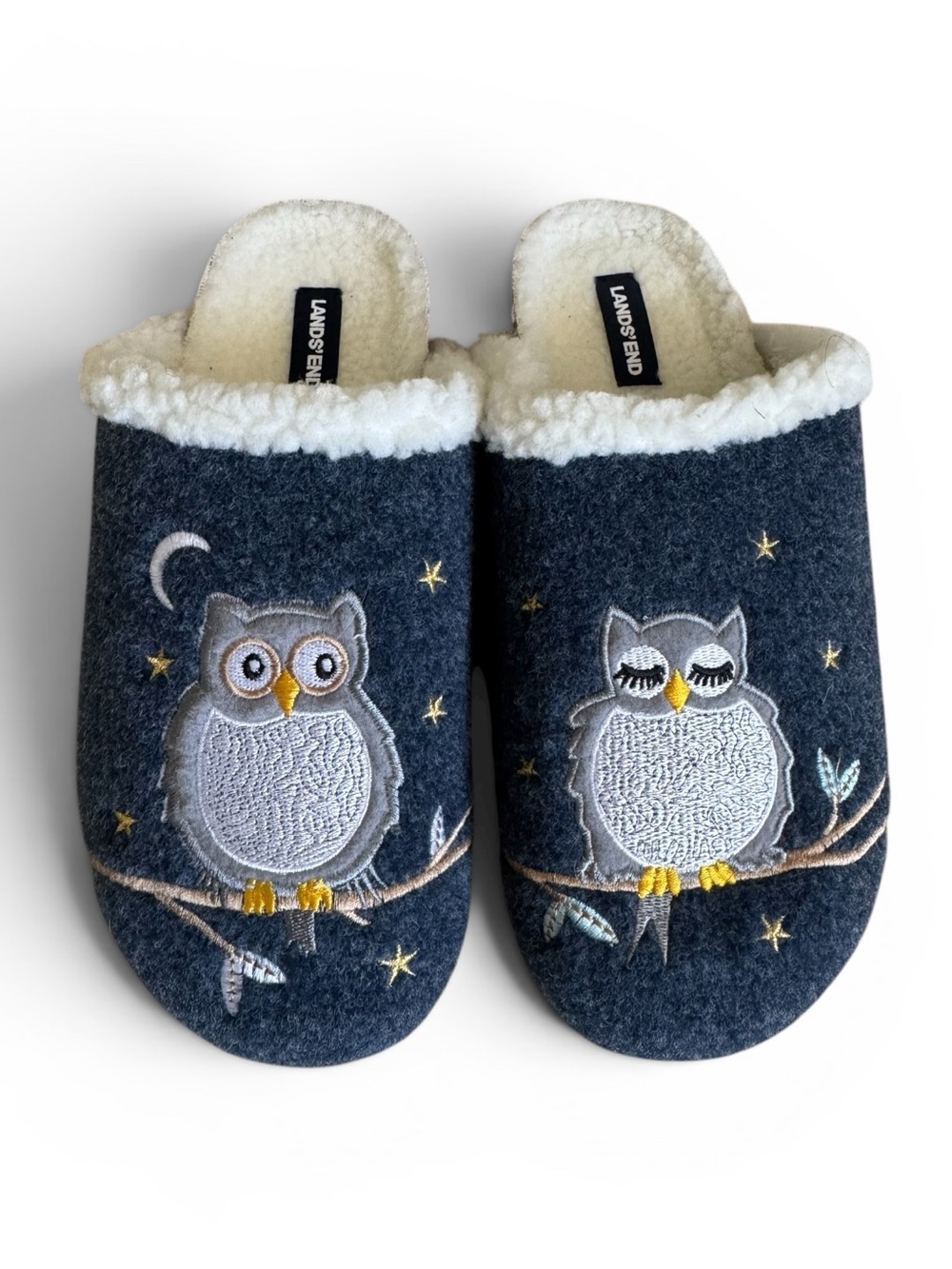 Lands’ End Sherpa Lined Owl Slippers Blue Cozy Loungewear Faux Fur Mule Size 8